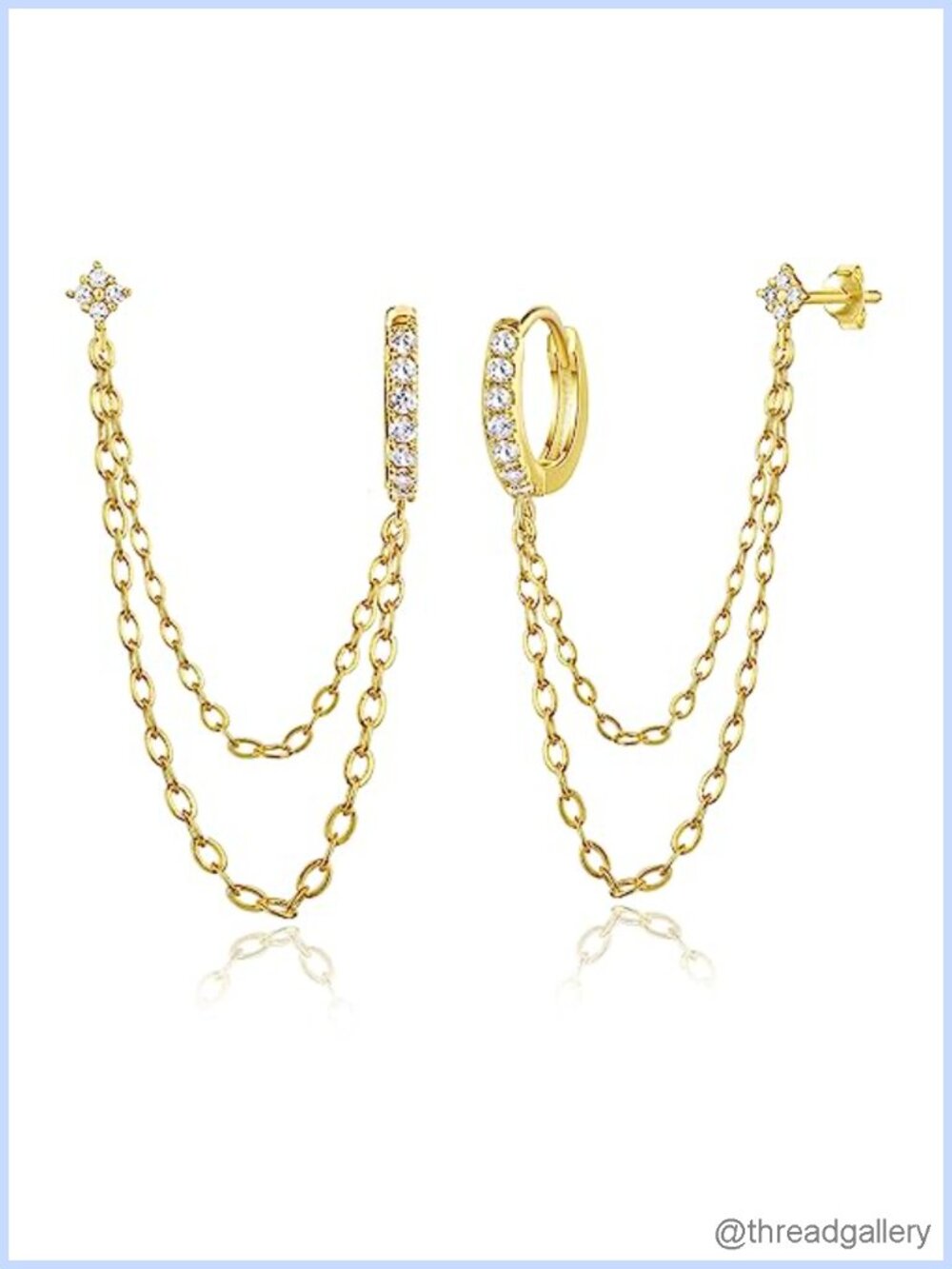 Sterling Silver Gold Plated Four Zircons Flower Stud Chain Earrings